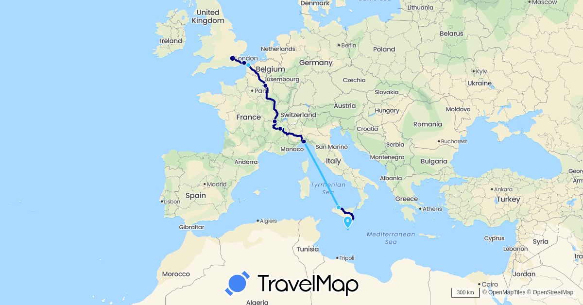 TravelMap itinerary: driving, boat in France, United Kingdom, Italy, Malta (Europe)